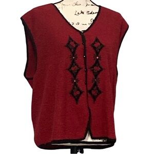 VTG Koret Wool Knit Sweater Vest Sz L Beaded Floral Velvet Rustic Cottage Style